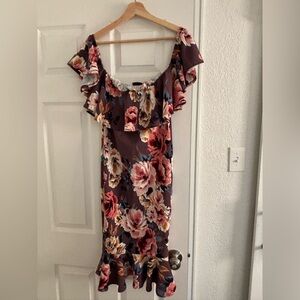 Vici Purple Floral Ruffle Strapless Midi Dress